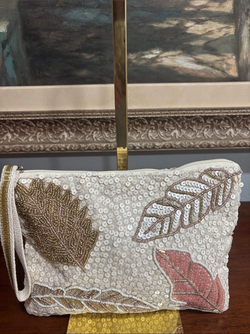 Sequin Leaf Embellished Cream Wristlet Clutch with Gold and Pink Accents